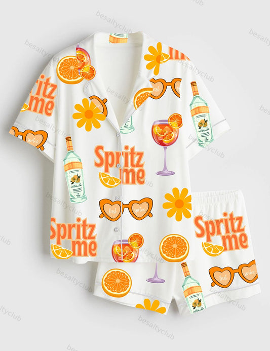 Last Spritz As A Miss Aperol Spritz Bachelorette Spritz Me Orange Party Print Short Sleeve Satin Pajama Set