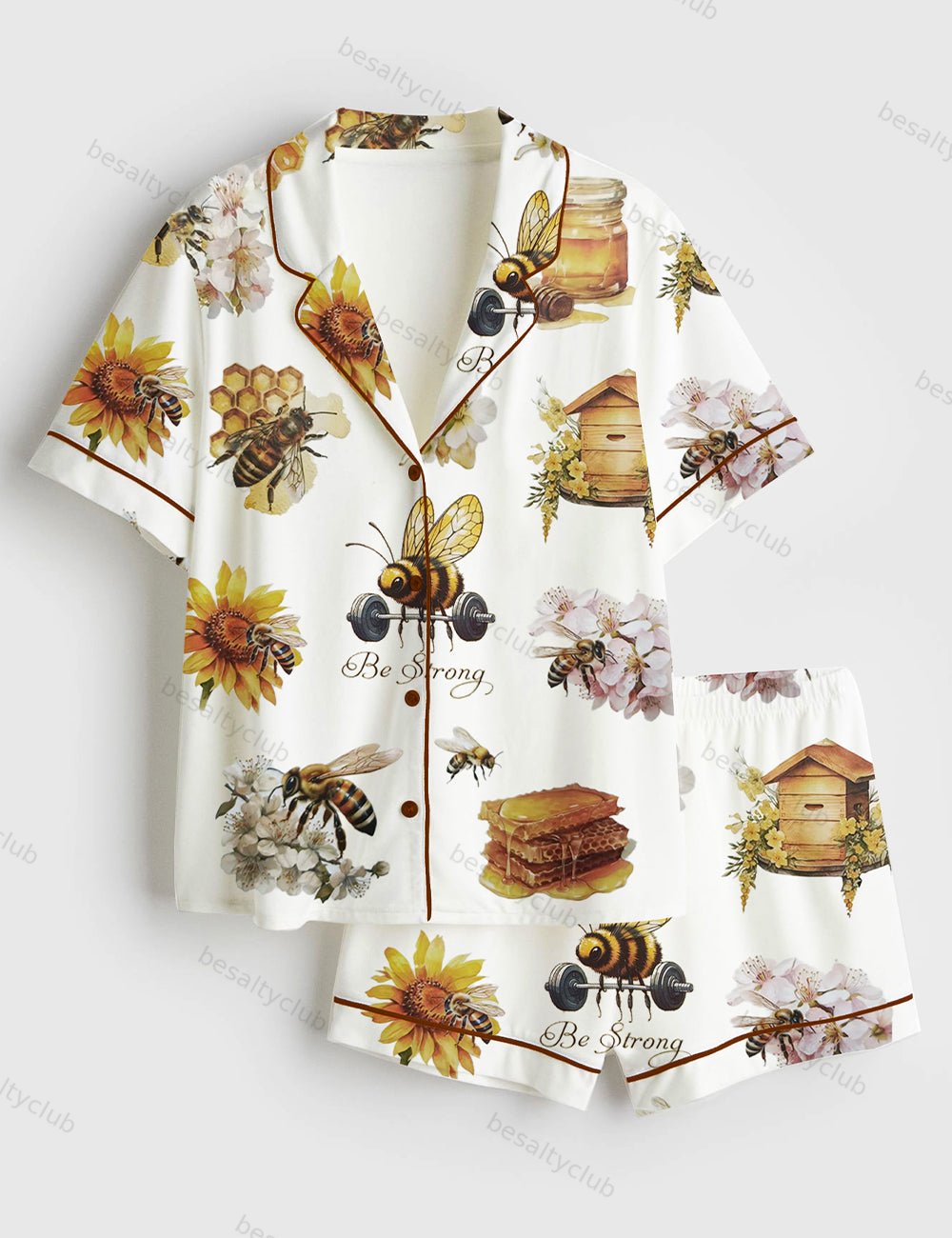 Bee Strong Sunflower Short Sleeve Satin Pajama Set