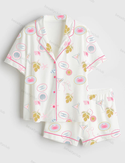 Dolce Vita Summer Art Print Short Sleeve Satin Pajama Set
