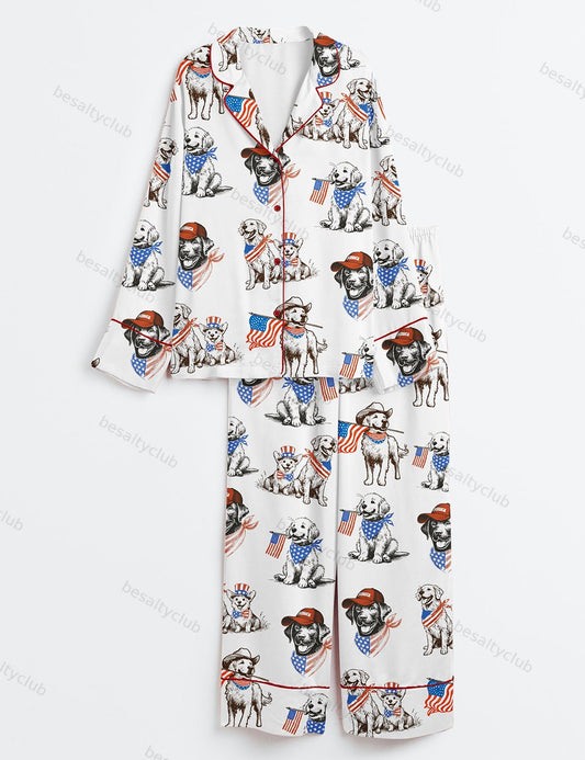 American Pride Pooch Western Patriotic Dog 4th Of July Print Long Sleeve Satin Pajama Set