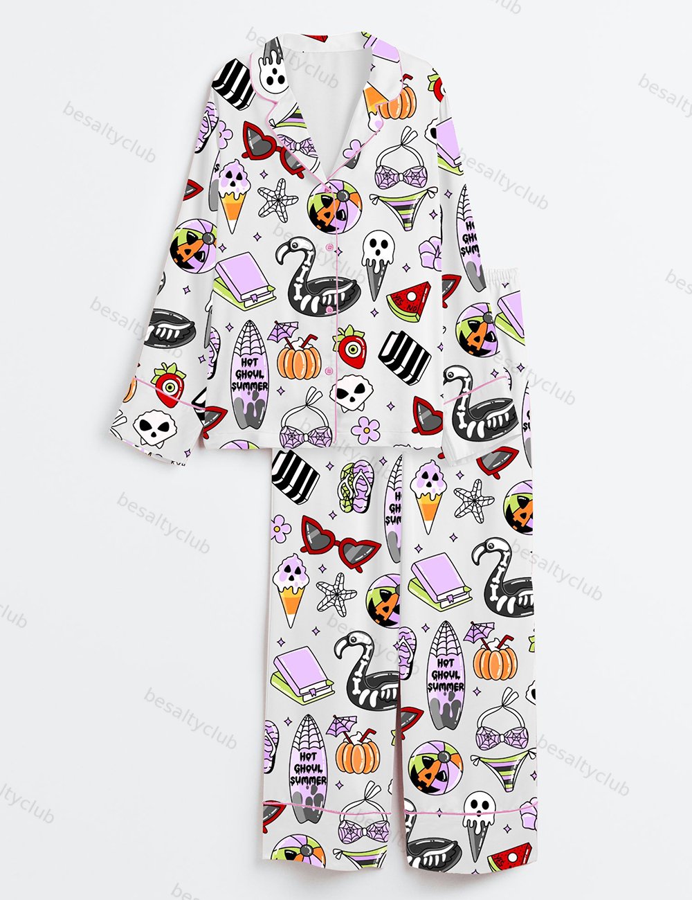 Summerween Funny Halloween Spooky Season Pumpkin Halloween Print Long Sleeve Satin Pajama Set