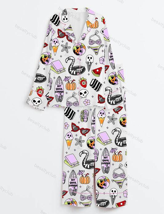 Summerween Funny Halloween Spooky Season Pumpkin Halloween Print Long Sleeve Satin Pajama Set
