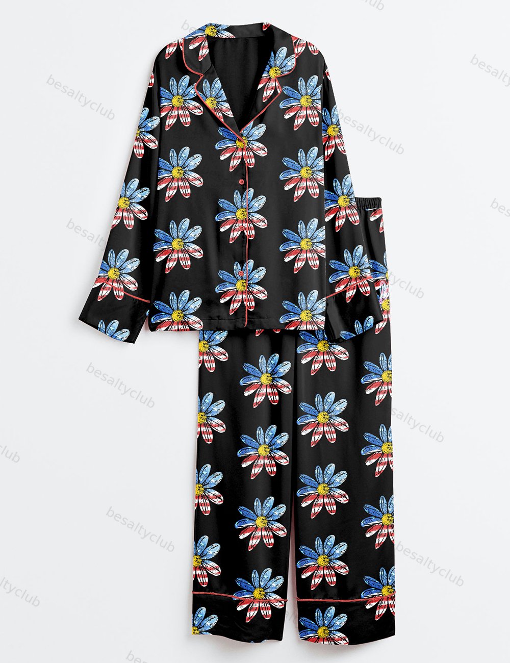 4th Of July Daisy Summer Wildflower Trendy Spring Summer Print Long Sleeve Satin Pajama Set