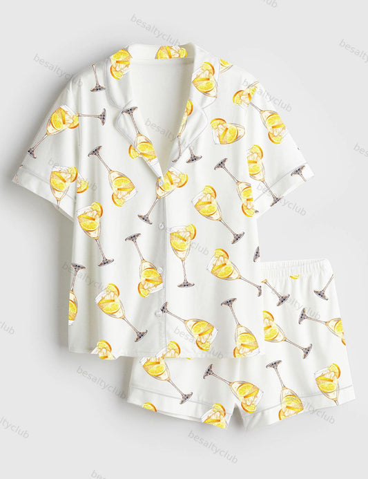French 75 Cocktail Lemon Drop Martini Wine Lover Short Sleeve Satin Pajama Set
