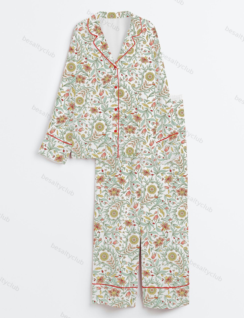 Summer Floral Paisley Design Long Sleeve Satin Pajama Set
