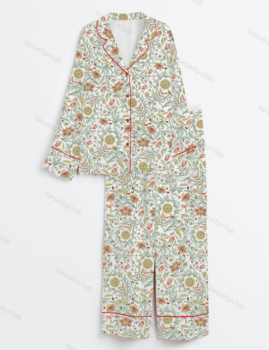 Summer Floral Paisley Design Long Sleeve Satin Pajama Set