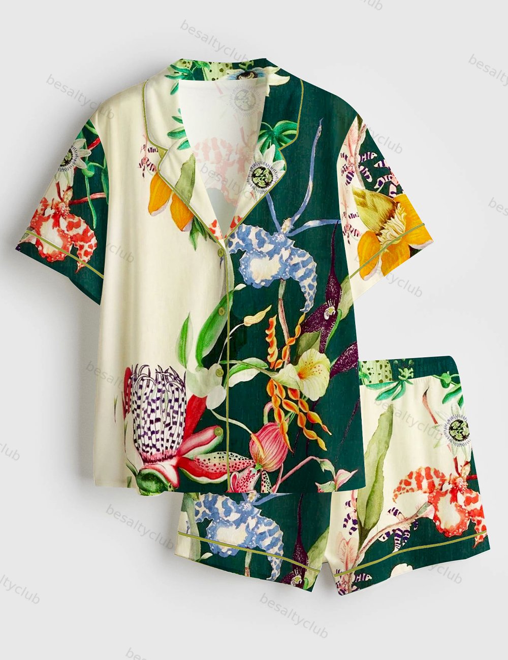 Elegant Bouquet Flowers Plant Short Sleeve Satin Pajama Set