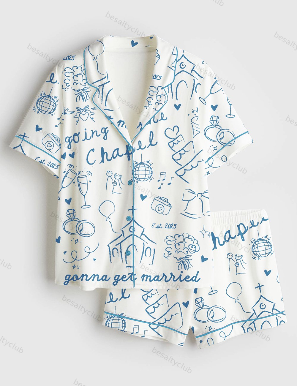 Going To The Chapel Gonna Get Married Bachelorette Bride Wedding Art Print Short Sleeve Satin Pajama Set