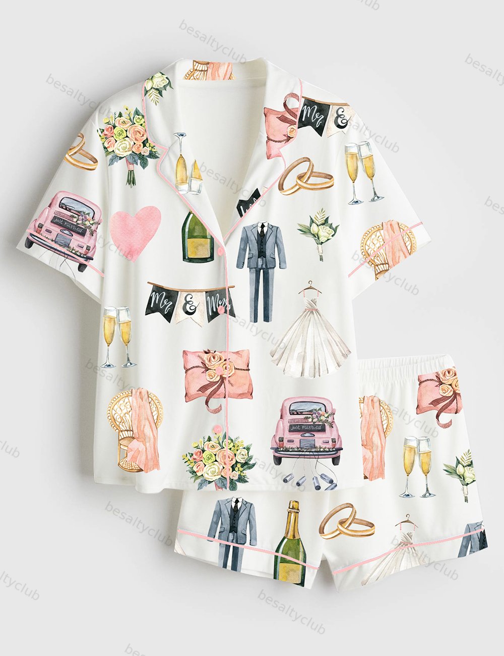 Wedding Day Anniversary Short Sleeve Satin Pajama Set