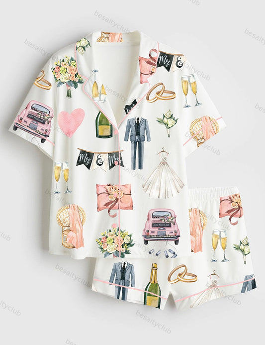 Wedding Day Anniversary Short Sleeve Satin Pajama Set