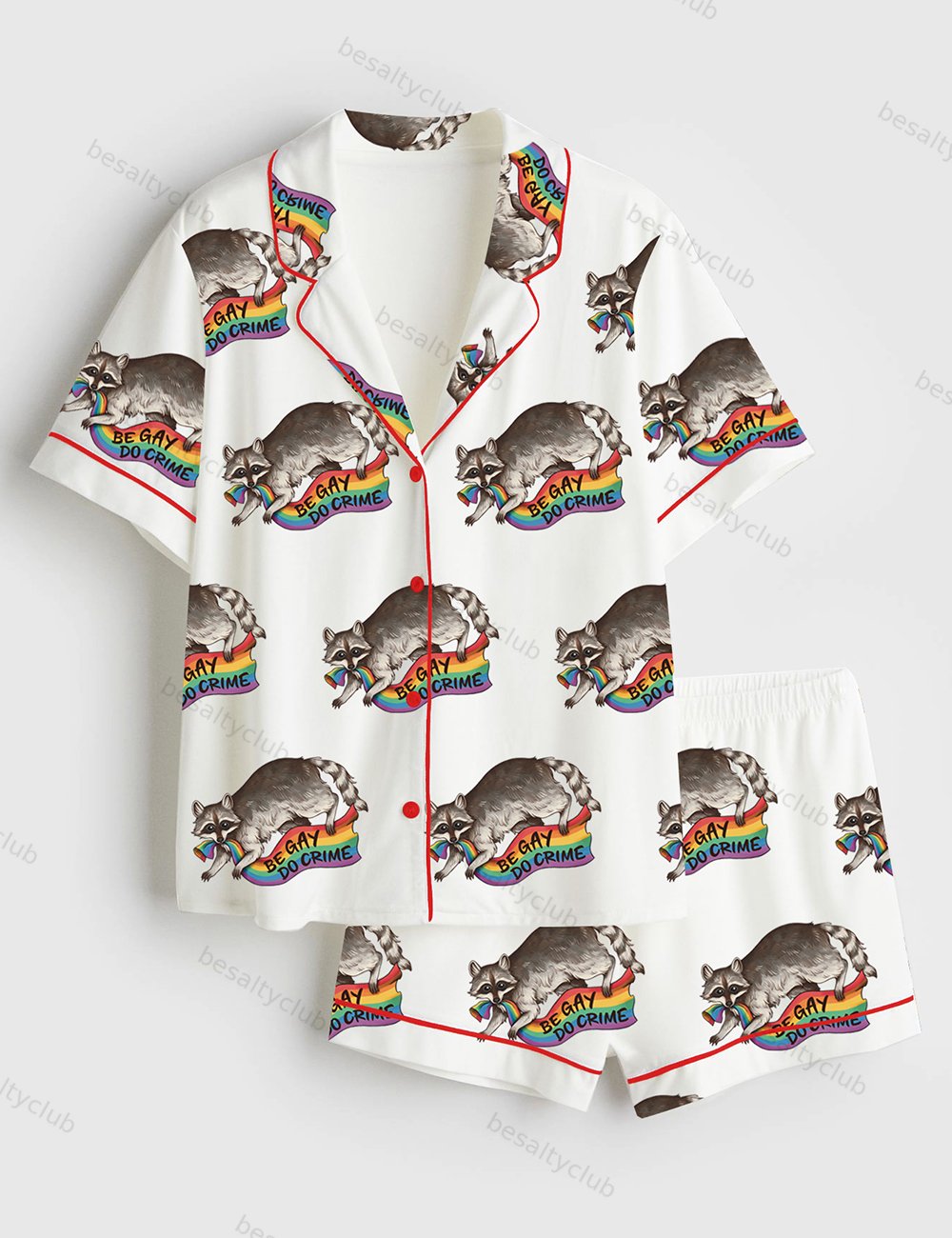 Be Gay Do Crime Rainbow Flag Pride Flag Stealing Raccoon Trash Panda LGBT Pride Print Short Sleeve Satin Pajama Set