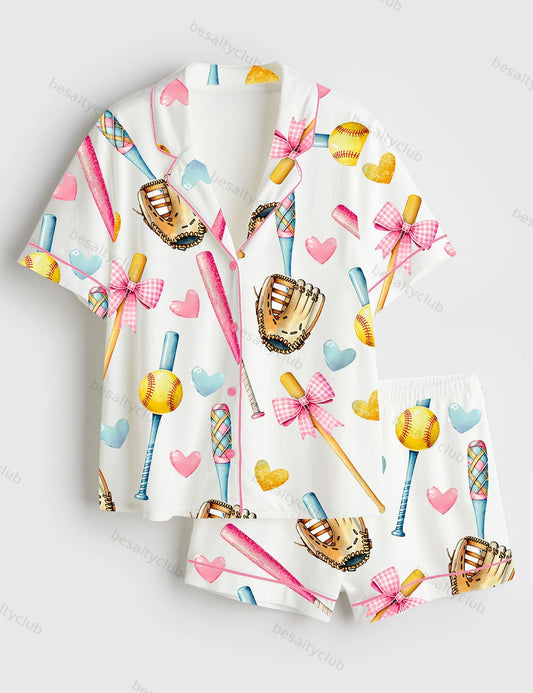 Softball Bow Softball Mom Softball Girl Short Sleeve Satin Pajama Set
