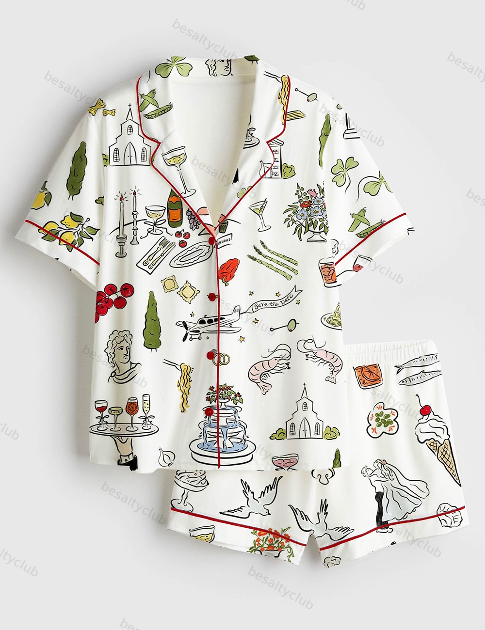 Whimsical Hand Drawn Tuscany Dolce Vita Wedding Print Short Sleeve Satin Pajama Set