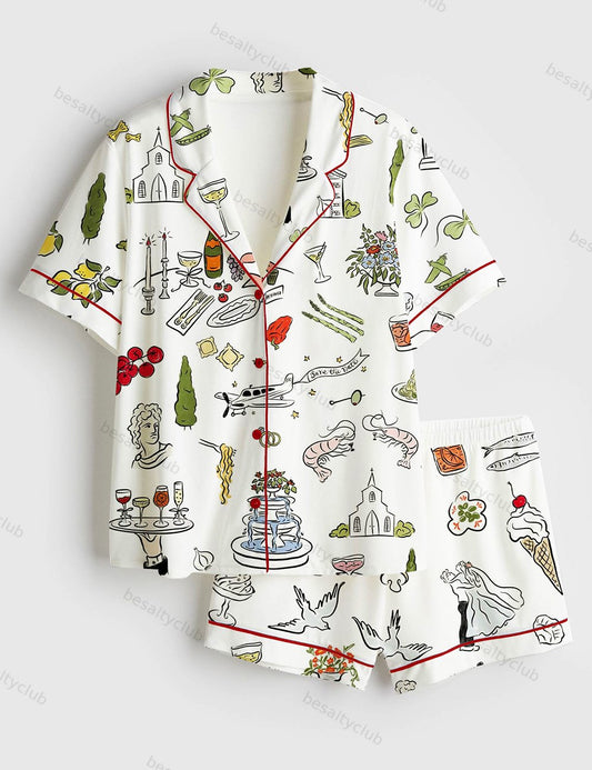Whimsical Hand Drawn Tuscany Dolce Vita Wedding Print Short Sleeve Satin Pajama Set