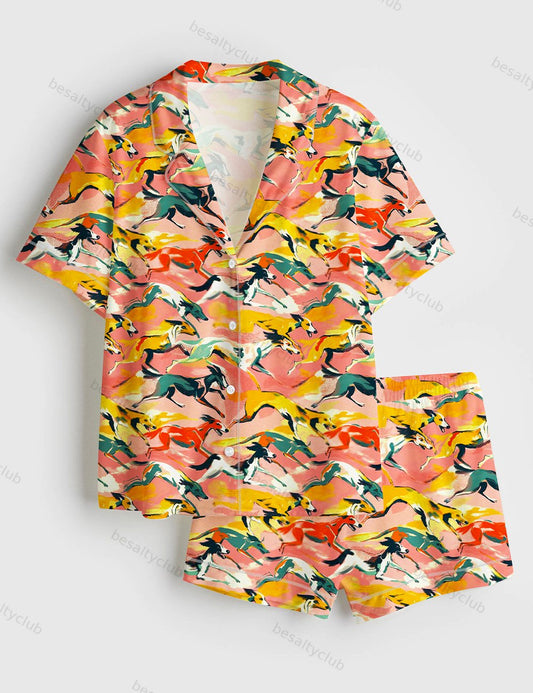 Retro Greyhound Vintage Racing Dog Short Sleeve Satin Pajama Set