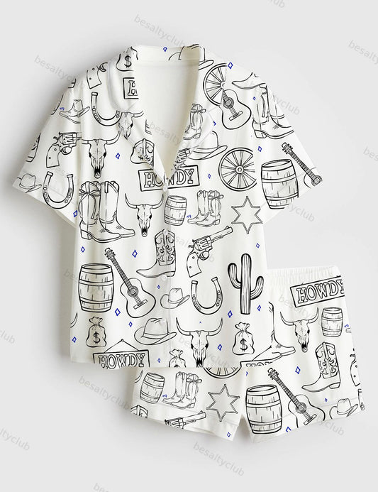 Cowboy Western Procreate Cowboy Boots Hat Skull Howdy Cowboy Hat Music Short Sleeve Satin Pajama Set