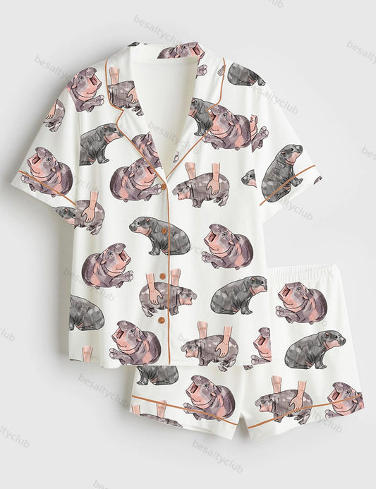 Moo Deng Baby Hippo Satin Pajama Set