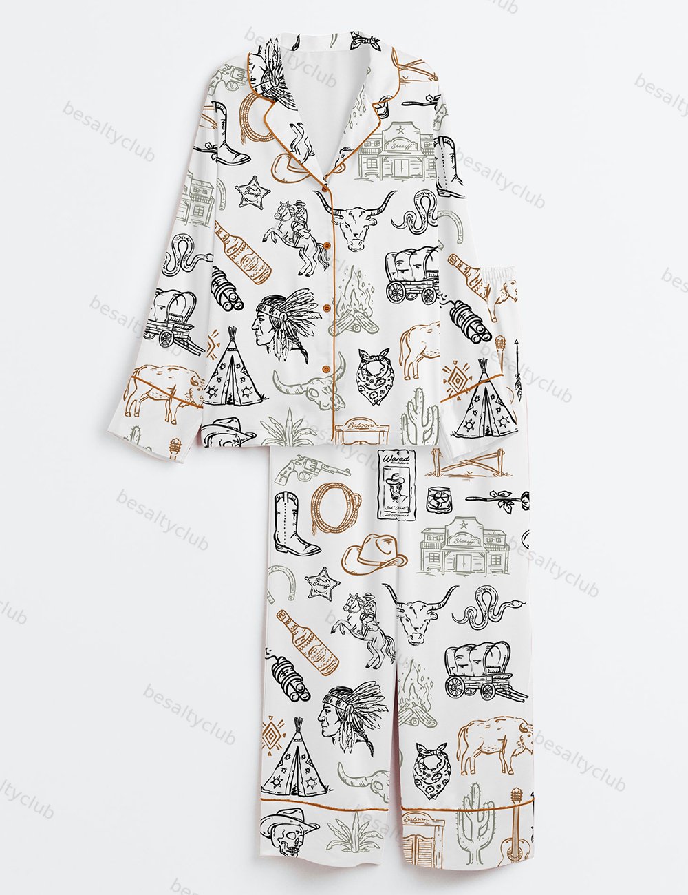 Cowboy Whimsical Wild West Western Party Long Sleeve Satin Pajama Set