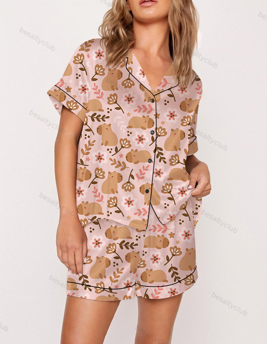 Floral Capybara Satin Pajama Set