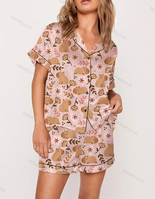 Floral Capybara Satin Pajama Set