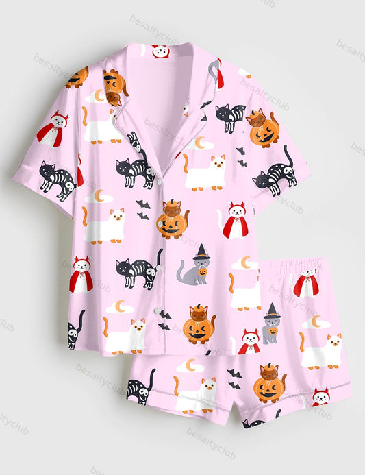 The Lil Ghostie Cat Pumpkin Halloween Short Sleeve Satin Pajama Set