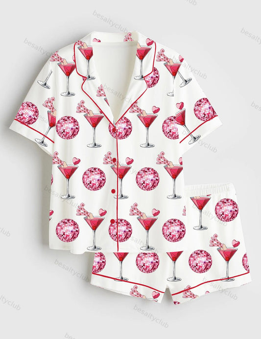 Valentine's Day Cocktail Glass Short Sleeve Satin Pajama Set