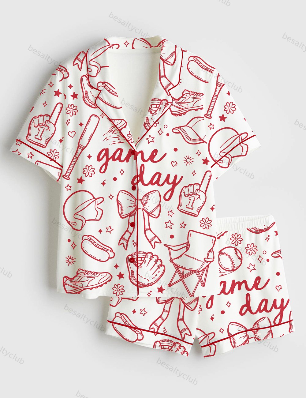 Baseball Game Day Coquette Hand Drawn Doodle Print Short Sleeve Satin Pajama Set
