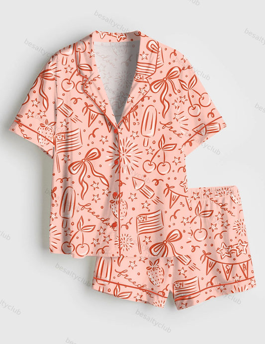 4th Of July Patriotic Party Short Sleeve Satin Pajama Set