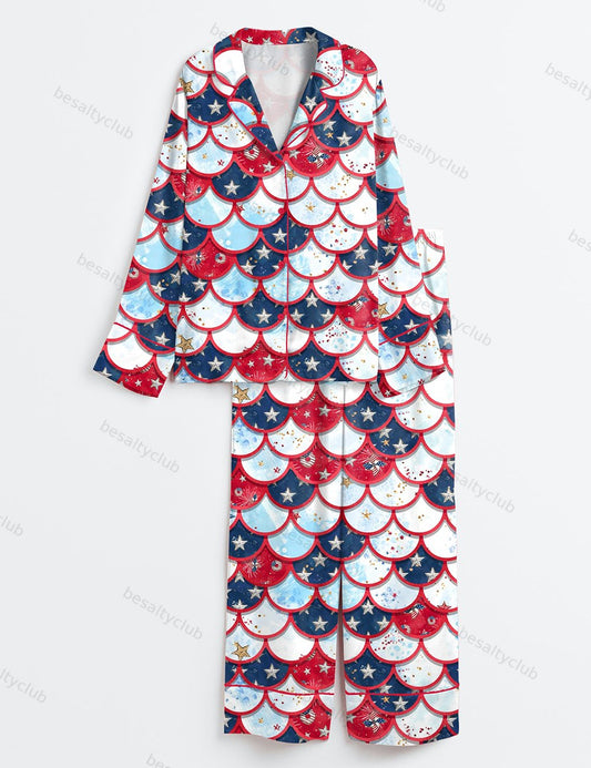 Patriotic Stars Stripes Firework Glitter 4th Of July Long Sleeve Satin Pajama Set