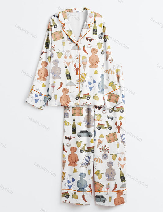 Italy Roma Travel All things Italian Print Long Sleeve Satin Pajama Set