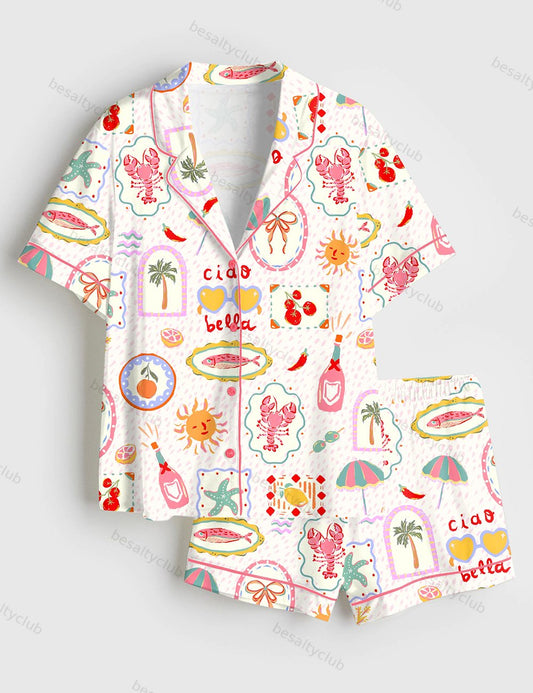 Summer In Italy Ciao Bella Short Sleeve Satin Pajama Set