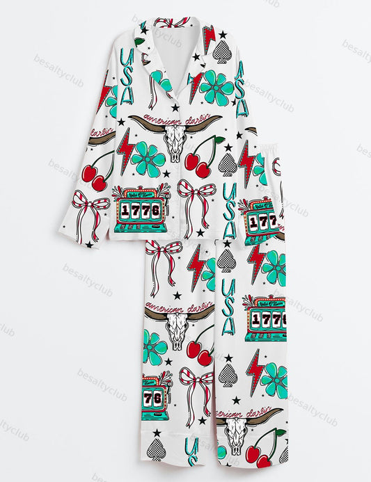 Western 4th Of July Independence Day America Checkers Coquette Patriotic Print Long Sleeve Satin Pajama Set