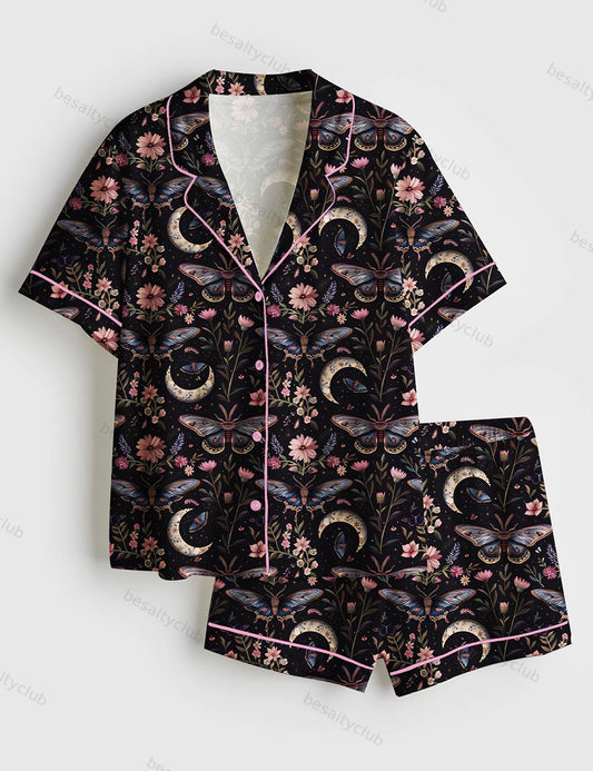 Night Garden Mystical Moth Magic Witchy Floral Short Sleeve Satin Pajama Set