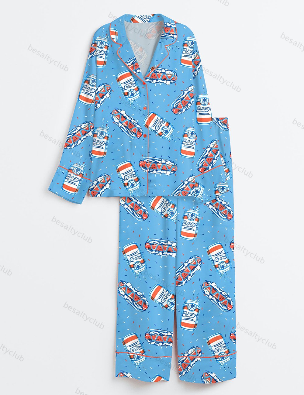 Retro 4th Of July Hotdog Beer Soda Long Sleeve Satin Pajama Set