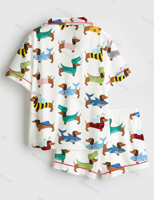 Dachshund Dogs Wear Various Skins Short Sleeve Satin Pajama Set