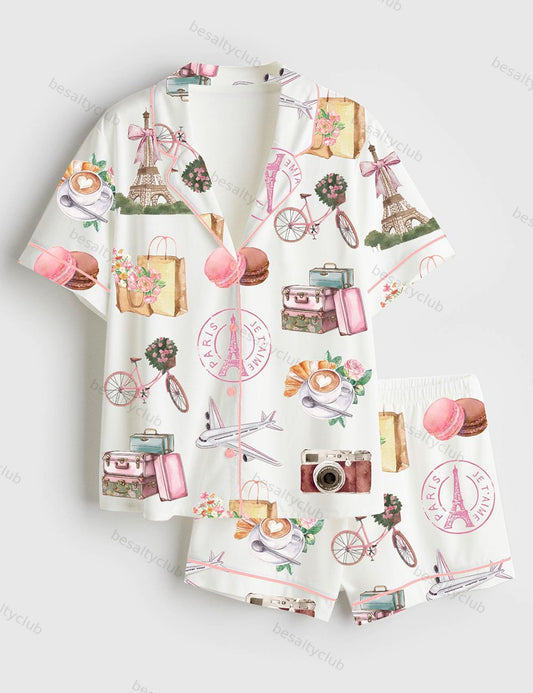 Paris France Girls Trip Family Vacation Summer Travel Short Sleeve Satin Pajama Set