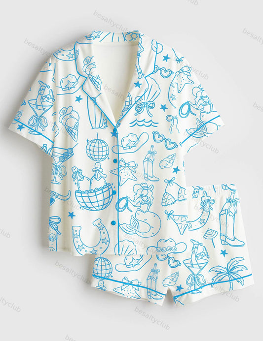 Hand Drawn Whimsical Coastal Beach Cowgirl Western Cowgirl Print Short Sleeve Satin Pajama Set