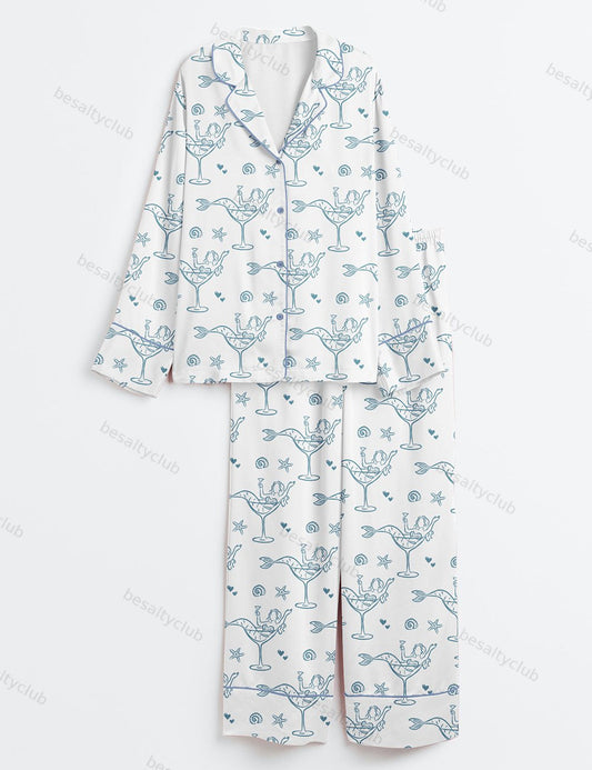 Seashells And Wedding Bells Bachelorette Beach Party Coastal Last Toast Print Long Sleeve Satin Pajama Set