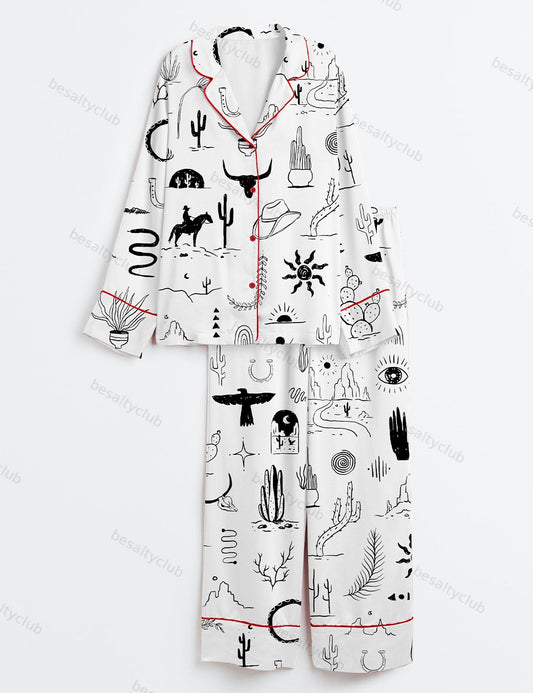 Wild Western Outdoors Adventure Silhouette Cowboy Cactus Mountain Snake Hand Moon Sun Print Long Sleeve Satin Pajama Set
