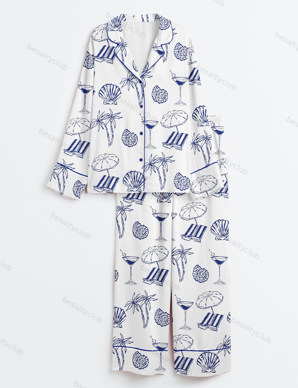 Coastal Doodle Last Toast On The Coast Summer Beach Print Long Sleeve Satin Pajama Set