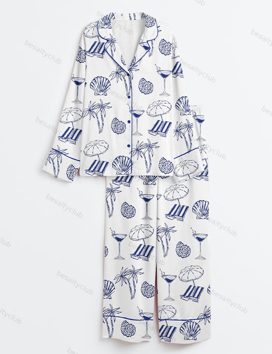Coastal Doodle Last Toast On The Coast Summer Beach Print Long Sleeve Satin Pajama Set