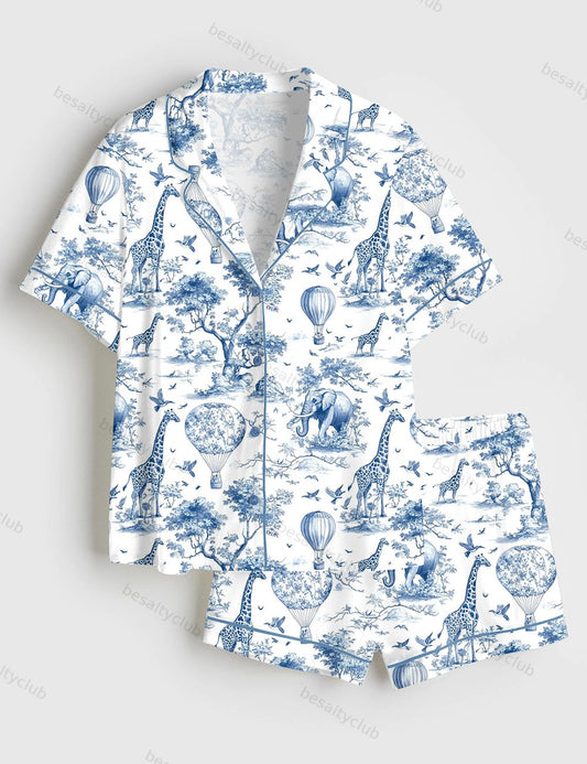 Giraffe Elephant Short Sleeve Satin Pajama Set