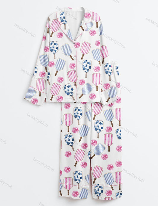Watercolor Stripes Pink And Blue Pickleball Paddle And Ball Long Sleeve Satin Pajama Set