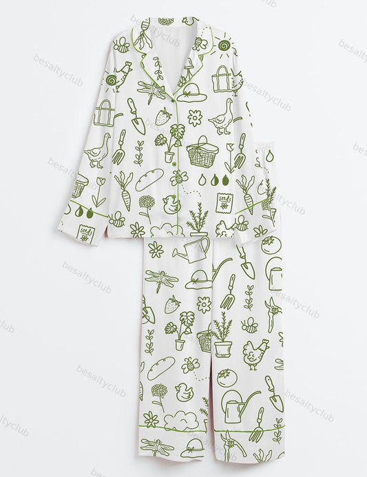 Garden Cottage Cottagecore Gardening Floral Bees Tools Animals Plant Flowers Trees Long Sleeve Satin Pajama Set