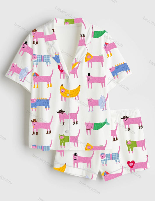 Cat Costume Party Short Sleeve Satin Pajama Set