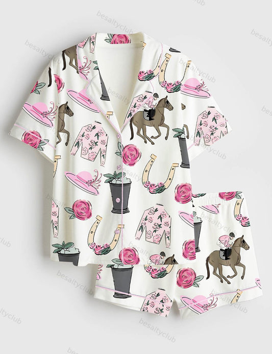 Kentucky Derby Vibes Run For The Roses Horse Racing Western Pink Short Sleeve Satin Pajama Set