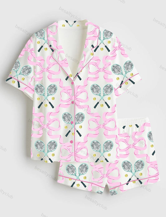Coquette Bow Tennis Love Short Sleeve Satin Pajama Set