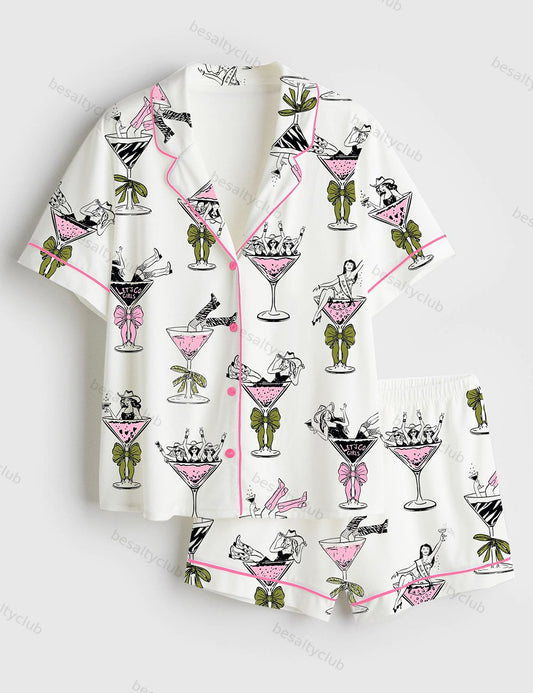 Girls In Martini Glass Hand Drawn Martini Drinks And Cheering Western Girls Print Short Sleeve Satin Pajama Set
