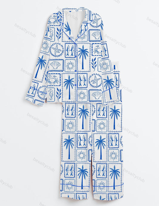 La Dolce Vita Summer Beach Europe Vintage Vibes Print Long Sleeve Satin Pajama Set