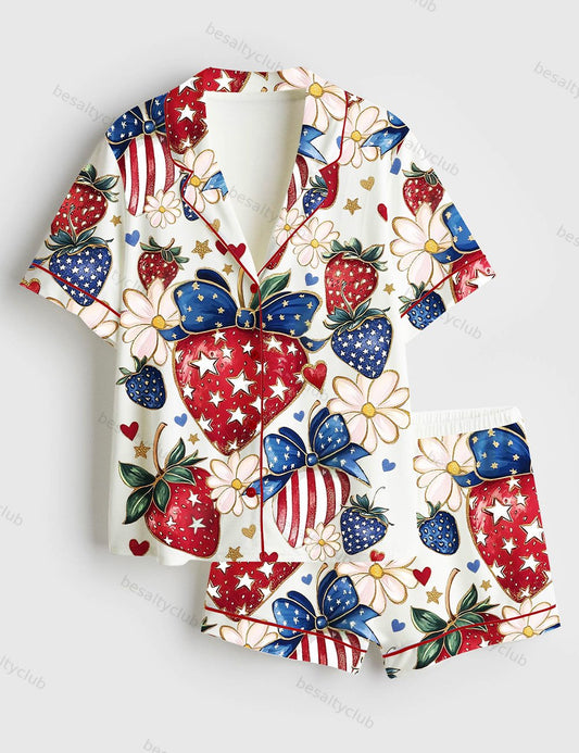 Boho 4th Of July Preppy Strawberry Patriotic Bow Print Short Sleeve Satin Pajama Set